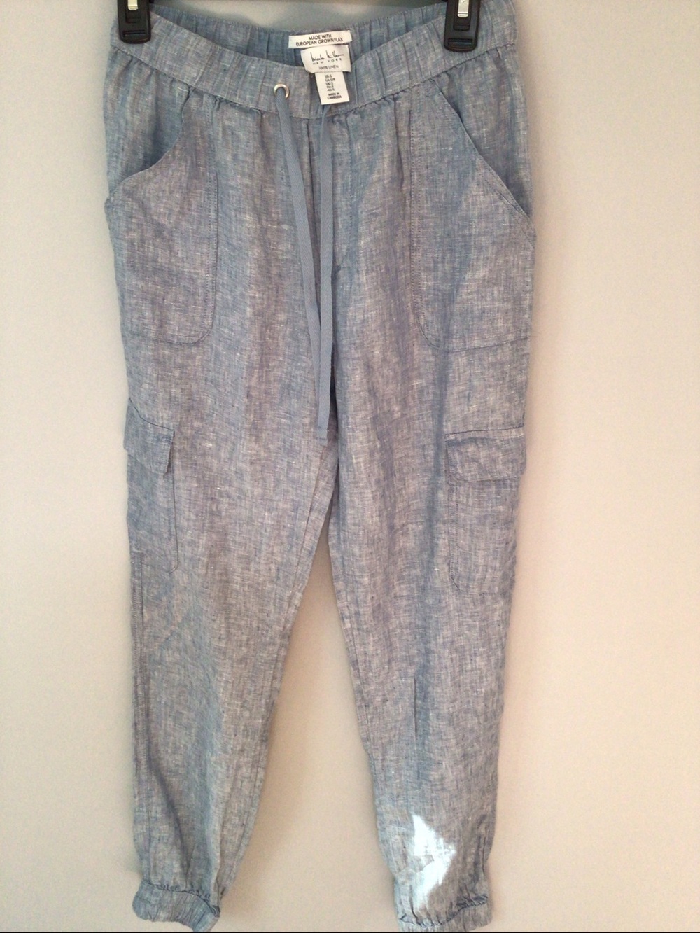 Nicole Miller 100% Light BluebLinen Cargo Jogger Pants - Casual Drawstring Fit S